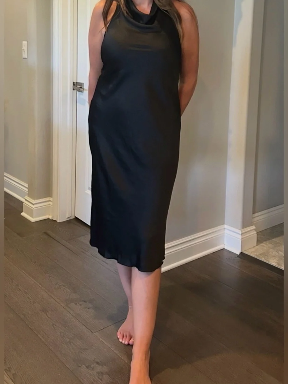 Black Satin Backless Halter Cowl-neck Midi Dress Formal Evening Event